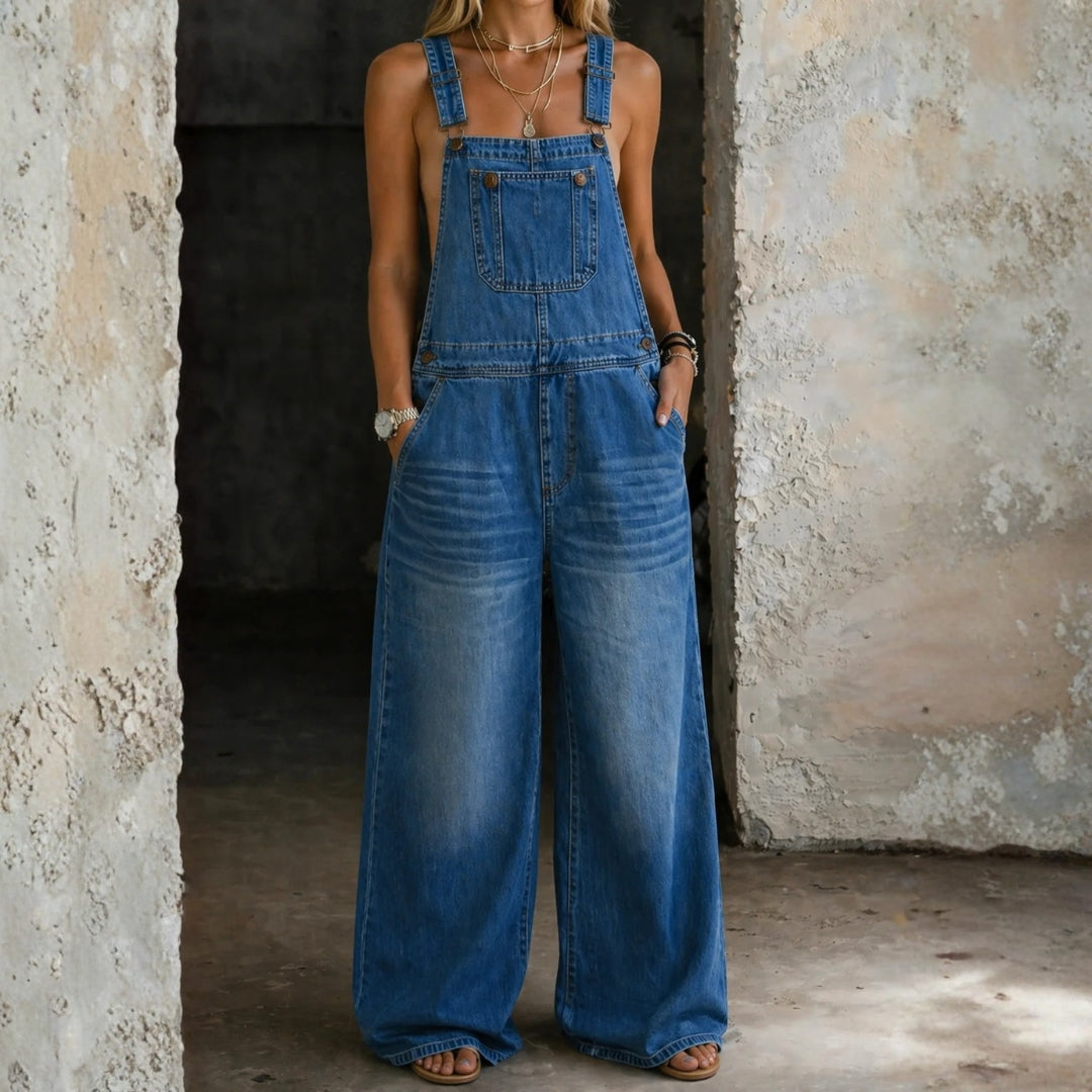 Phoebe - Elasticated-Waist Denim Dungarees