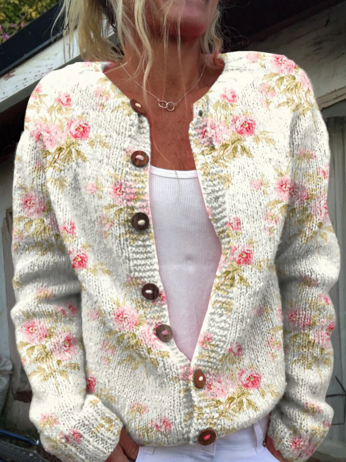 Sorcha | Cream Cardigan with Pink Flowers