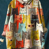 Paula | Women's Casual Blouse Featuring Artistic Cat Design