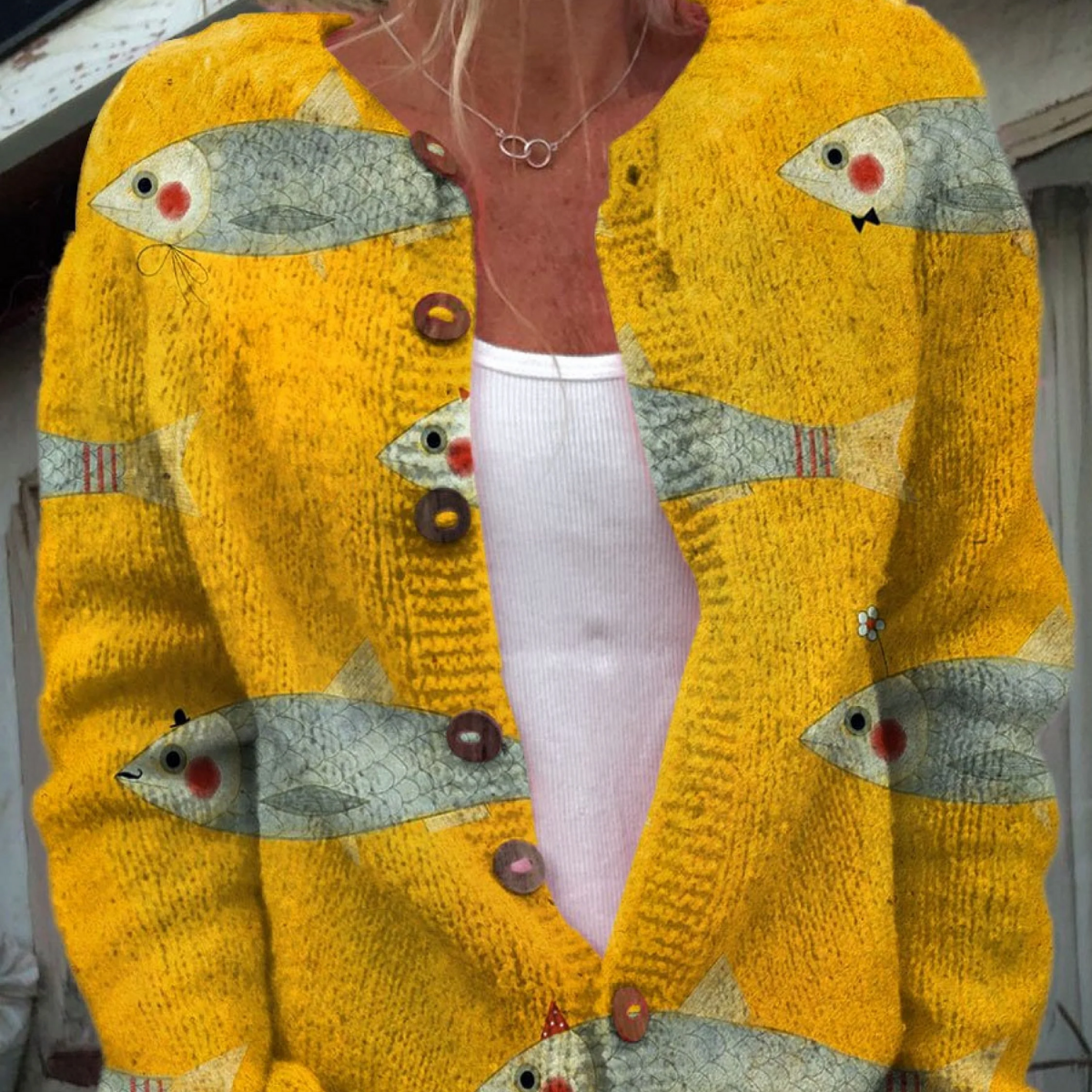 Undine | Yellow Cardigan with Fish Print