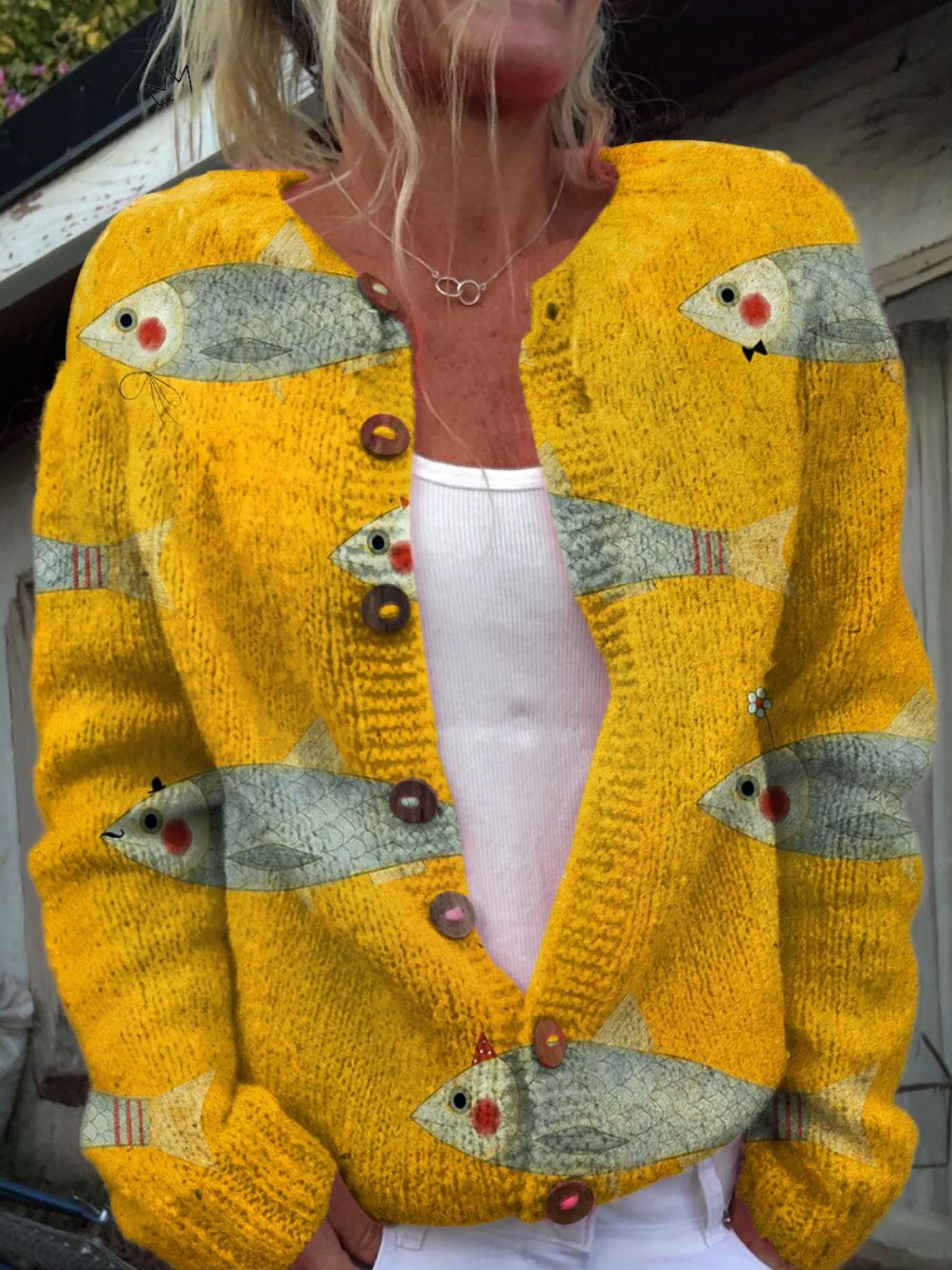 Undine | Yellow Cardigan with Fish Print