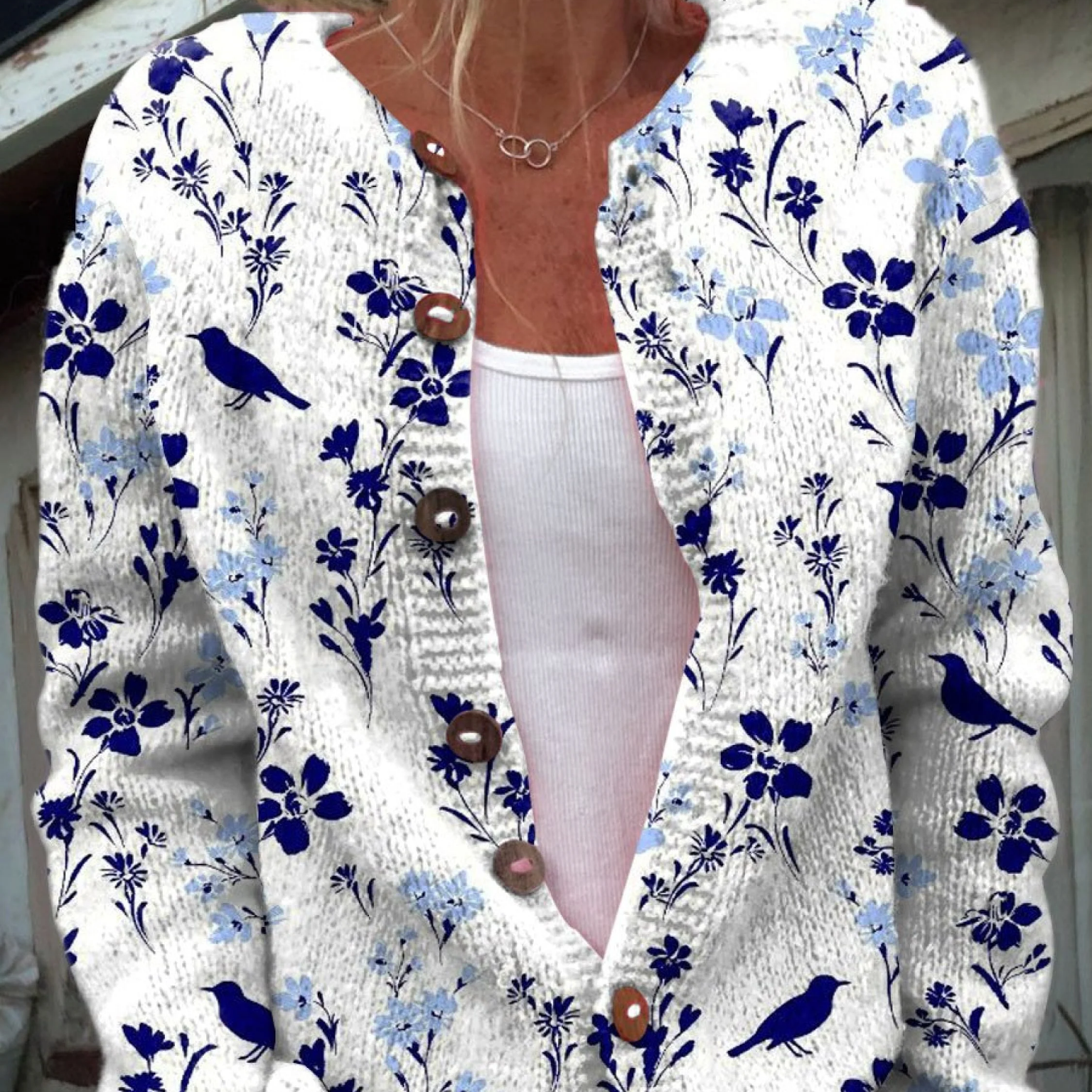 Kestrel | White Cardigan with Navy Flowers & Birds