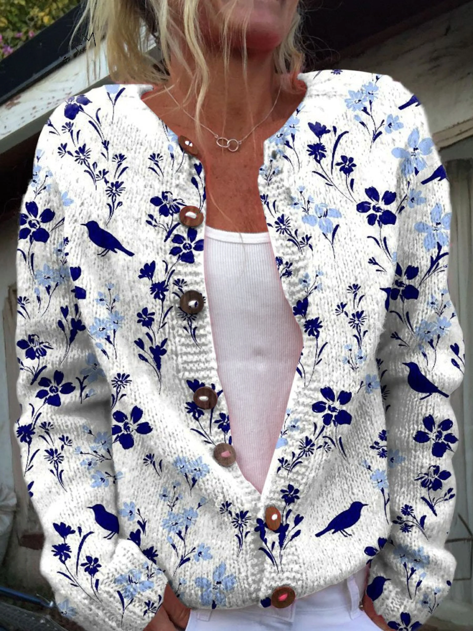 Kestrel | White Cardigan with Navy Flowers & Birds