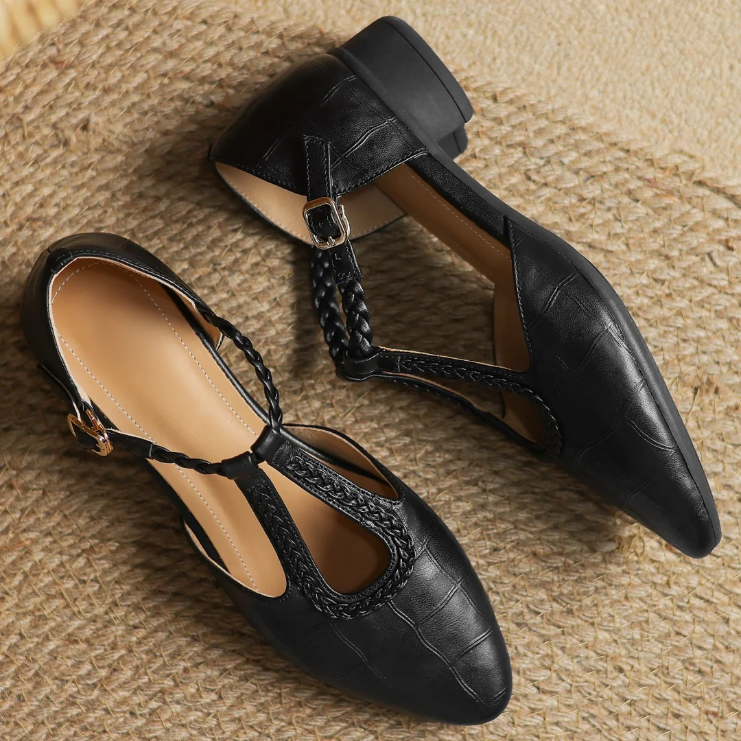 Peony | Classic T-Bar Shoes with Woven Detail