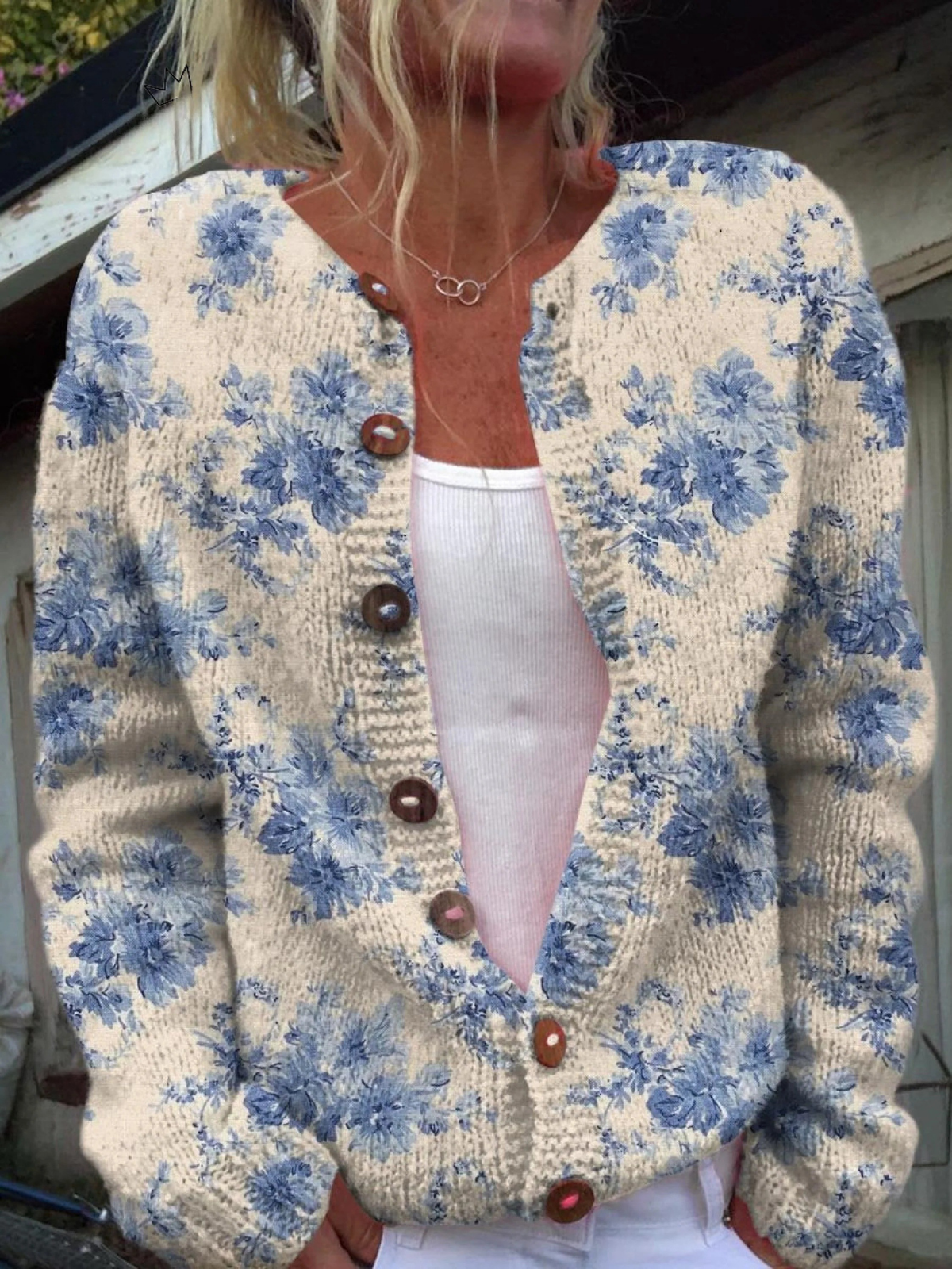 Gaynor | Cream Cardigan with Blue Flowers