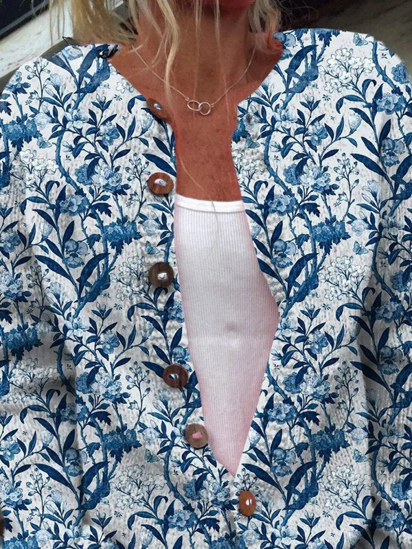 Nyssa | Blue & White Cardigan with Birds & Blossom