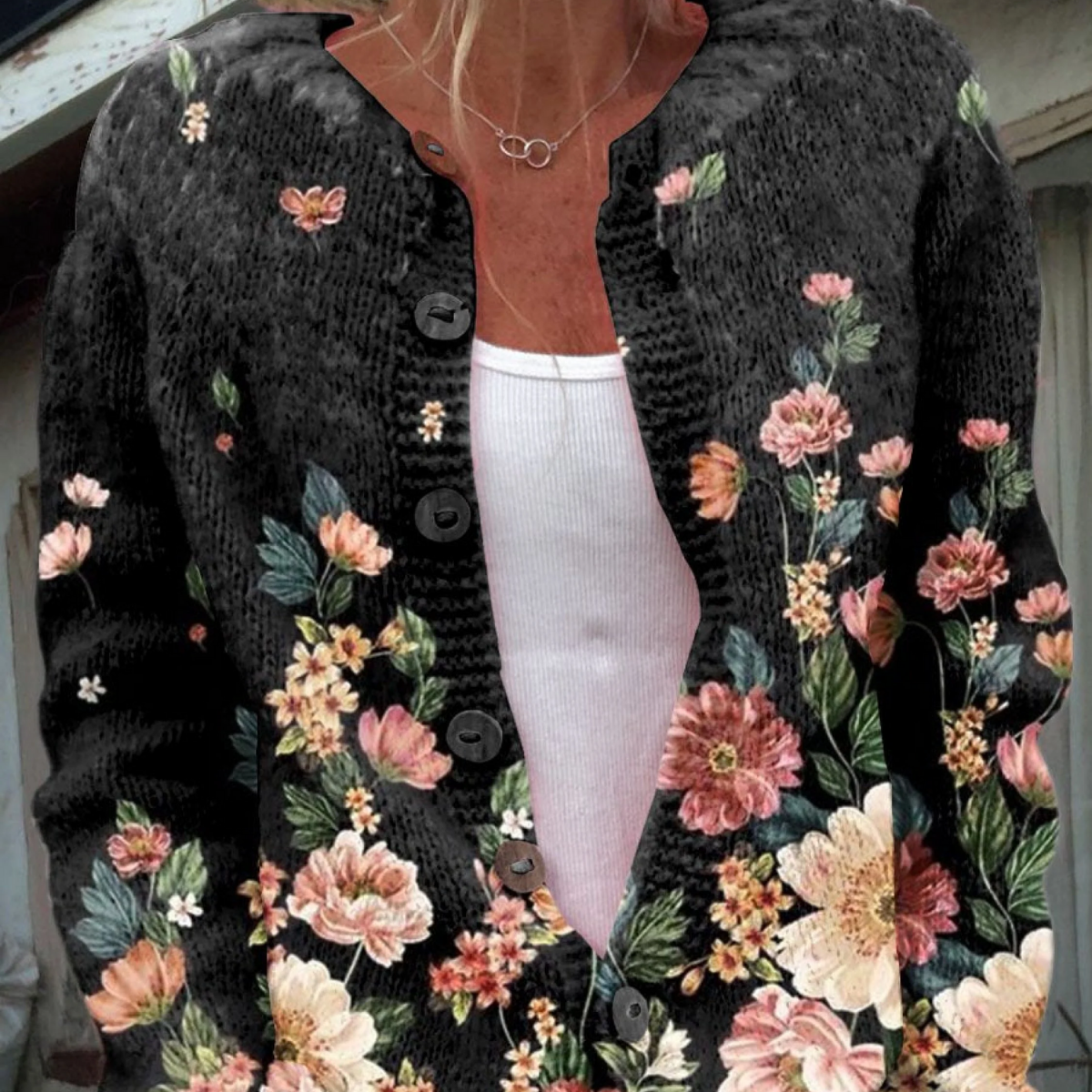 Anwen | Black Cardigan with Floral Print