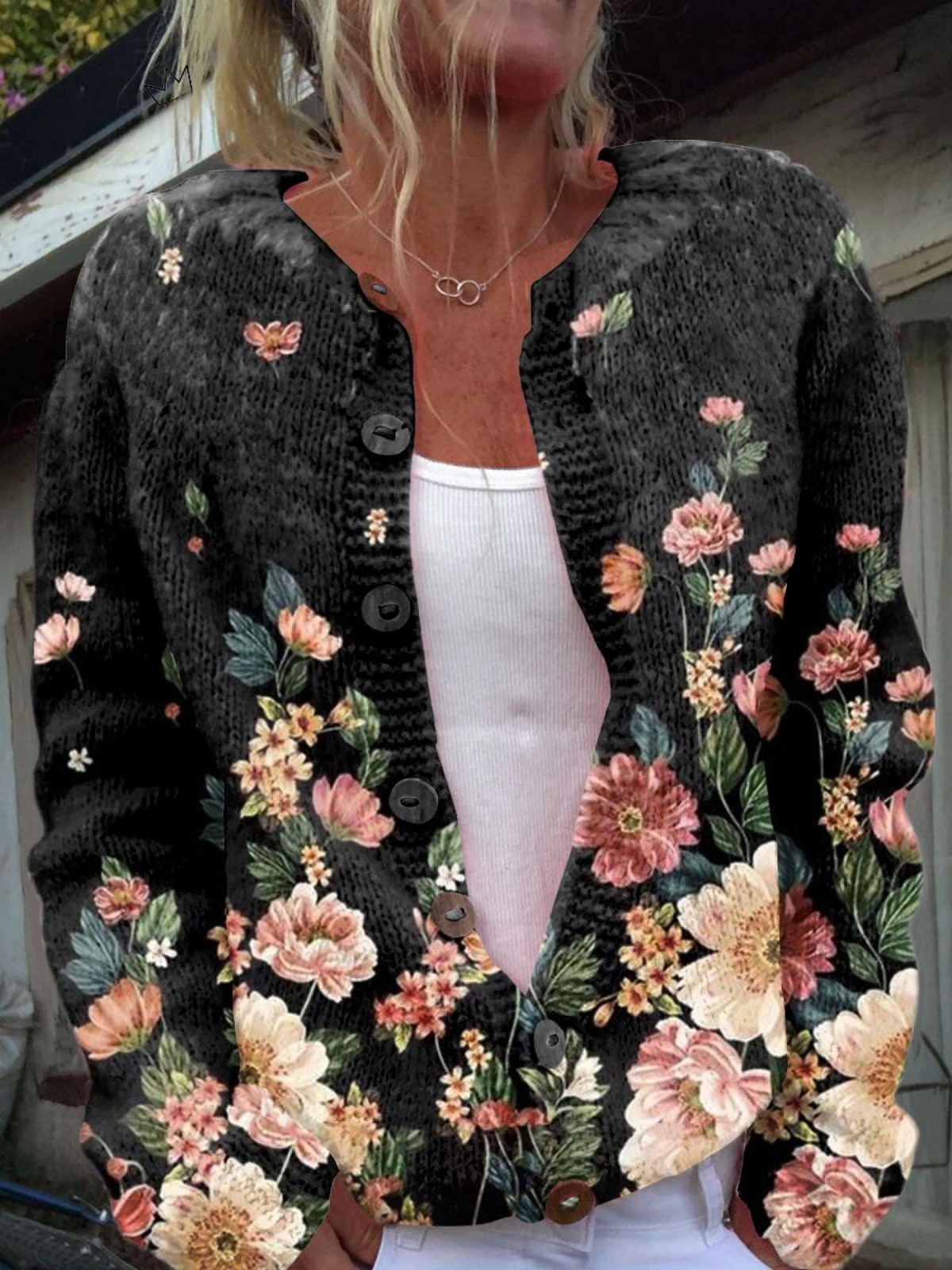 Anwen | Black Cardigan with Floral Print
