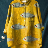 Martha | Vintage-Inspired Casual Blouse Featuring Fish Artwork