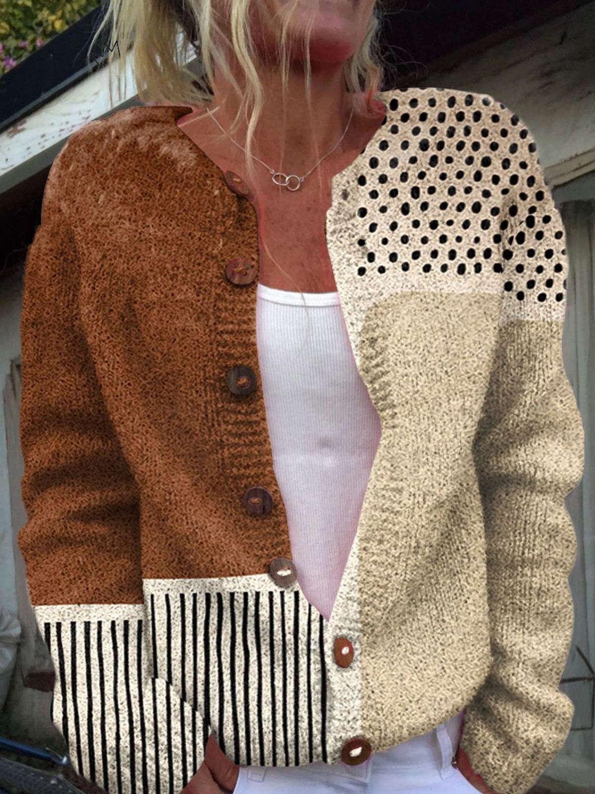 Eluned | Patchwork Cardigan in Brown & Cream