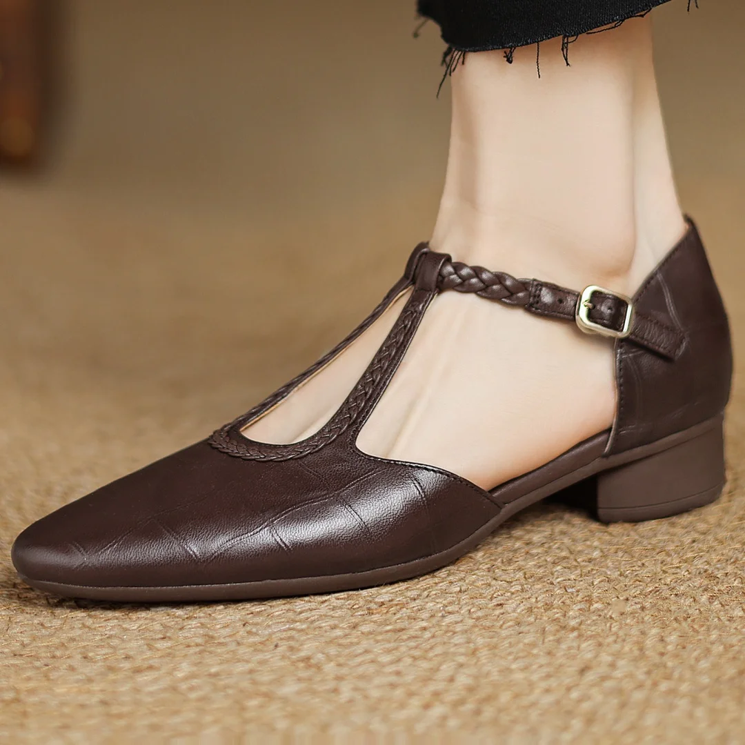 Peony | Classic T-Bar Shoes with Woven Detail