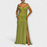 Nicole - Olive Green Maxi Dress with V-Neck