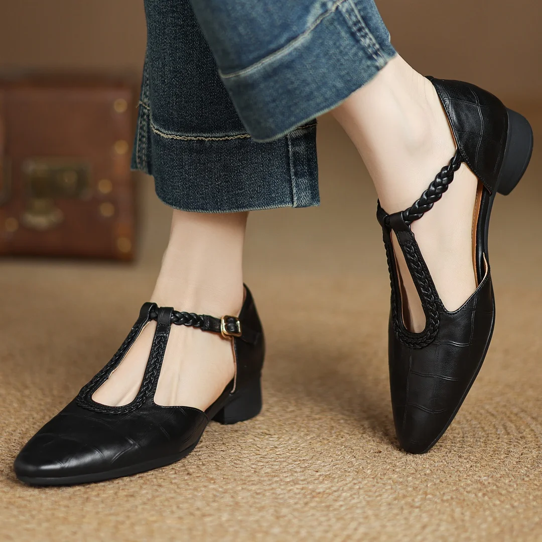 Peony | Classic T-Bar Shoes with Woven Detail