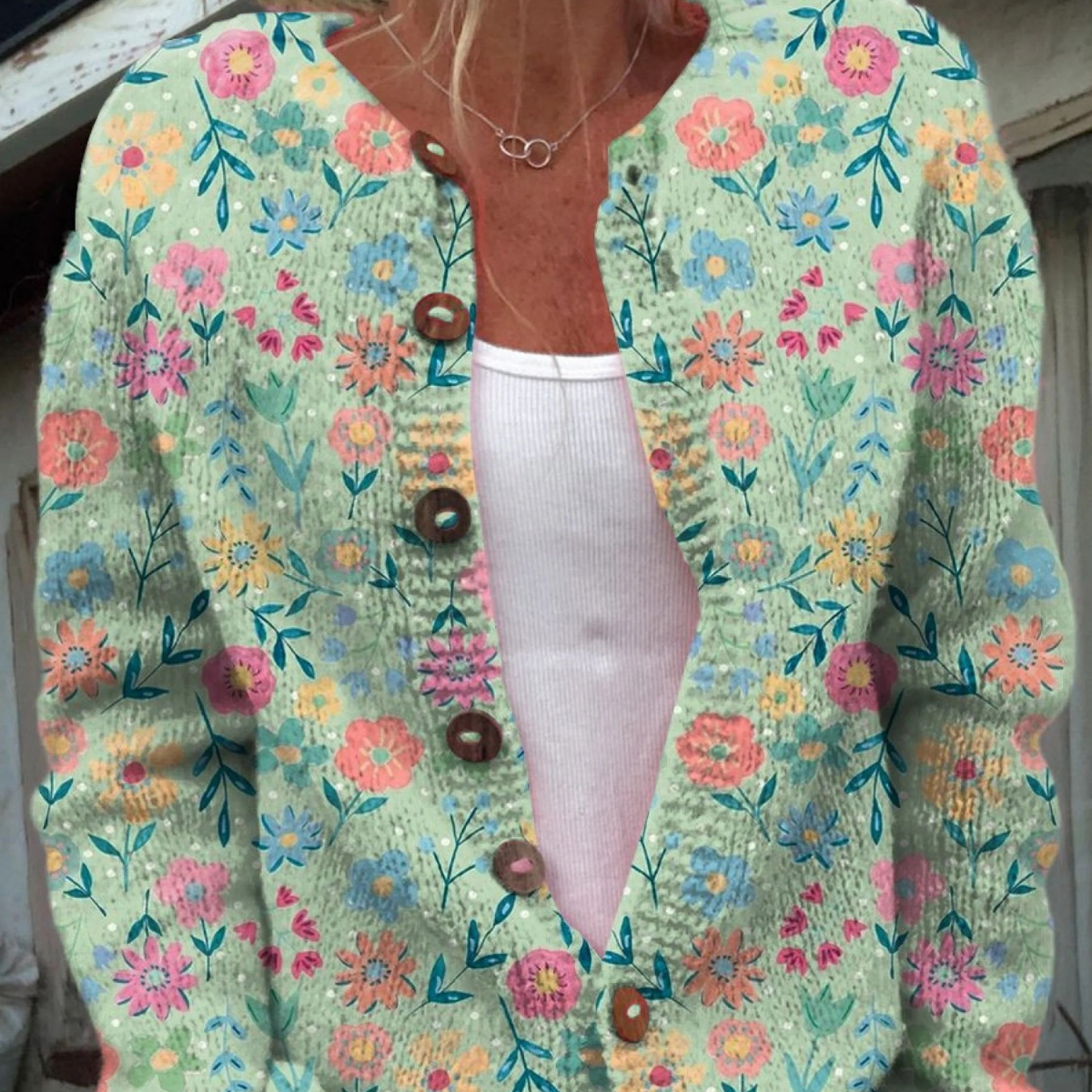 Rhoswen | Mint Green Cardigan with Bright Flowers