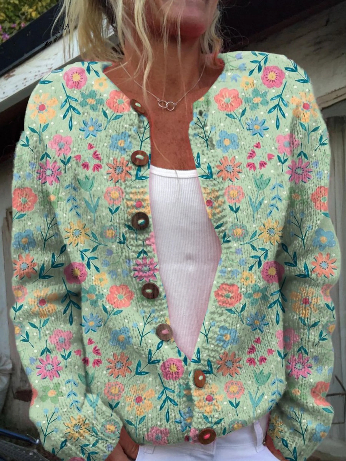 Rhoswen | Mint Green Cardigan with Bright Flowers