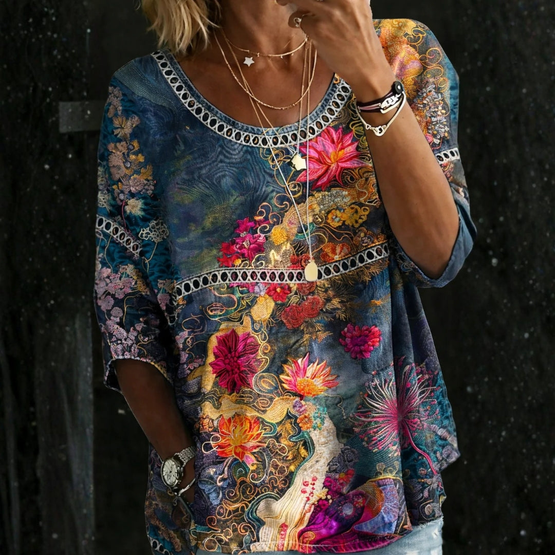 Ava - Vintage Floral Denim Blouse
