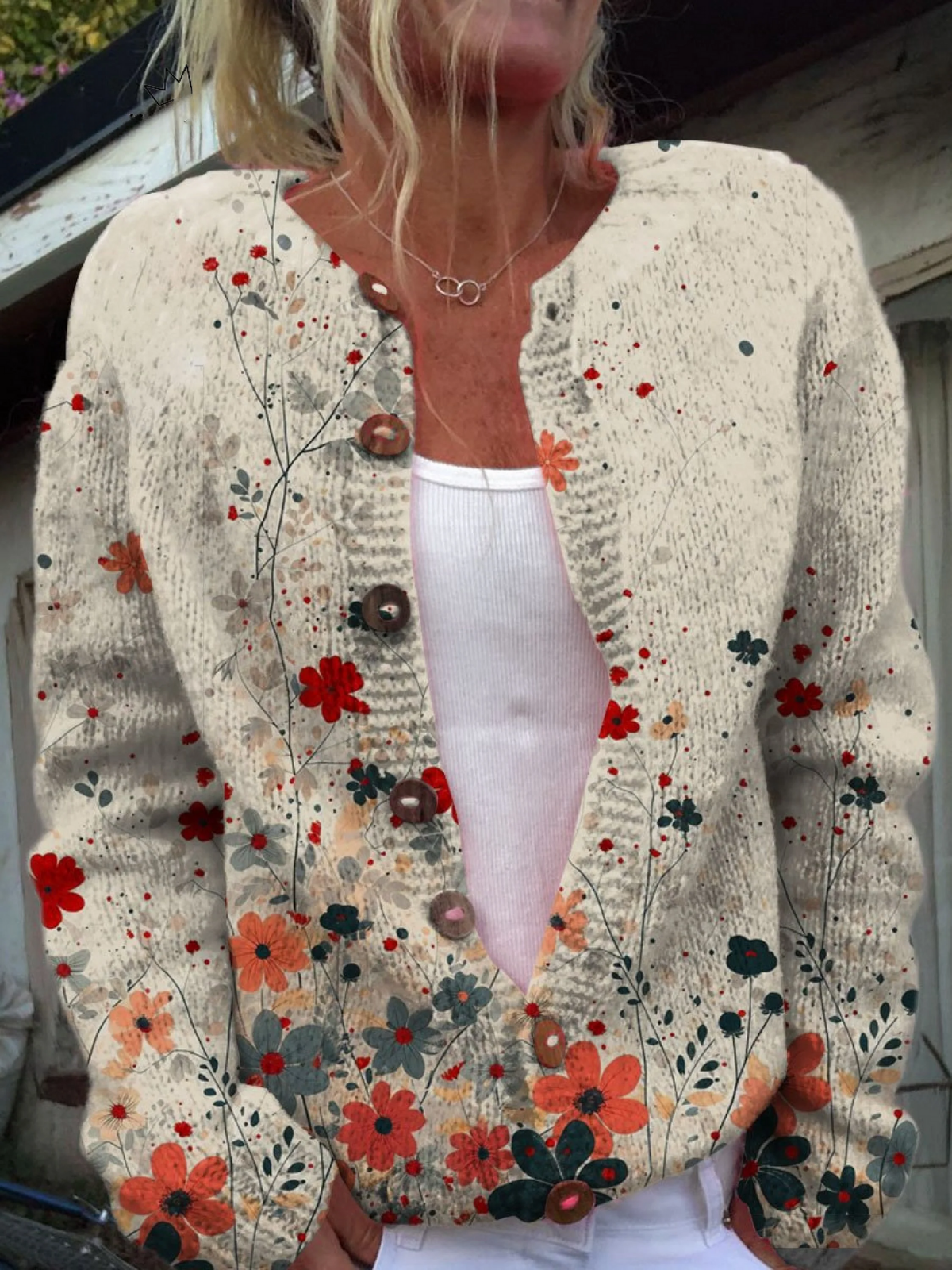 Verbena | Cream Cardigan with Meadow Flowers