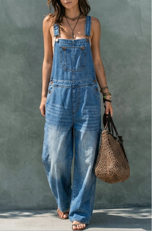 Phoebe - Elasticated-Waist Denim Dungarees