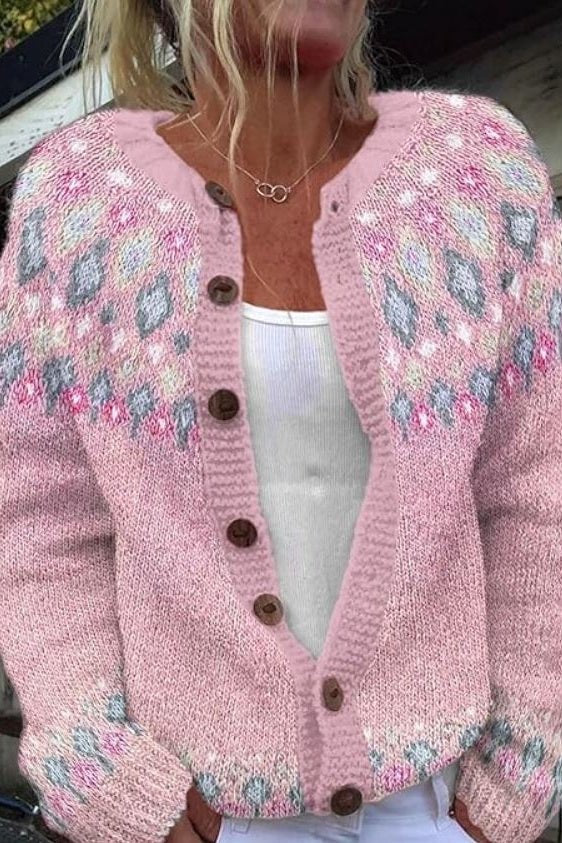 Thomasin | Pink Cardigan with Diamond Pattern