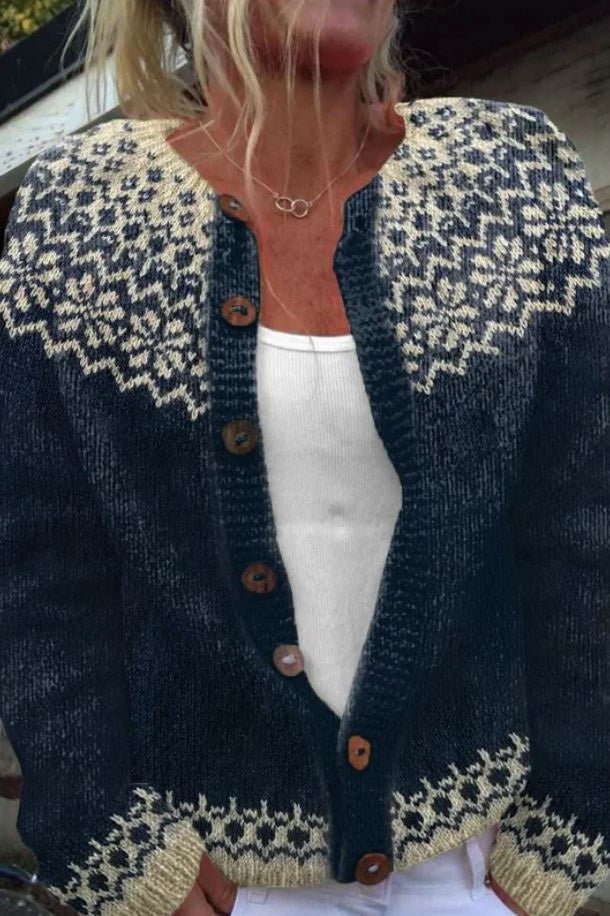 Fenella | Navy Cardigan with Snowflake Pattern