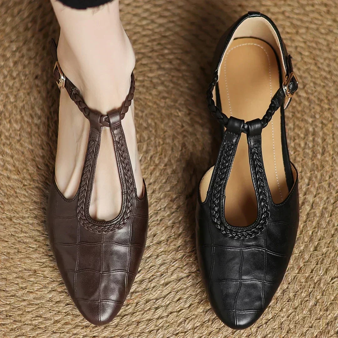 Peony | Classic T-Bar Shoes with Woven Detail