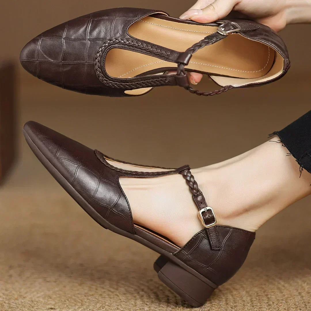 Peony | Classic T-Bar Shoes with Woven Detail