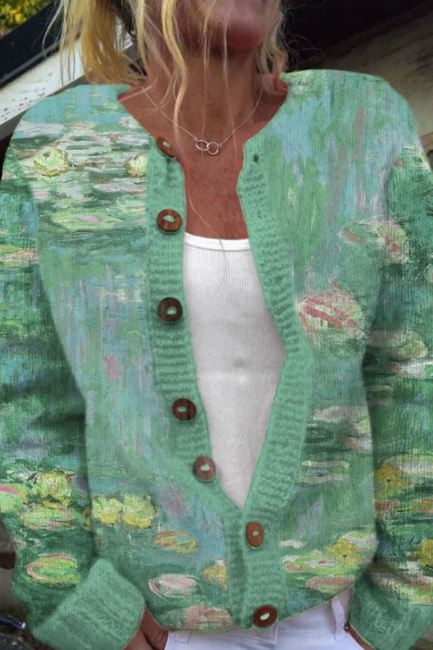 Hyacinth | Green Cardigan with Water Lily Print