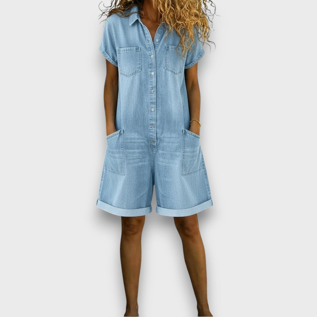 Georgina - Vintage Cotton Denim-Look Short Jumpsuit