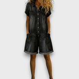 Georgina - Vintage Cotton Denim-Look Short Jumpsuit
